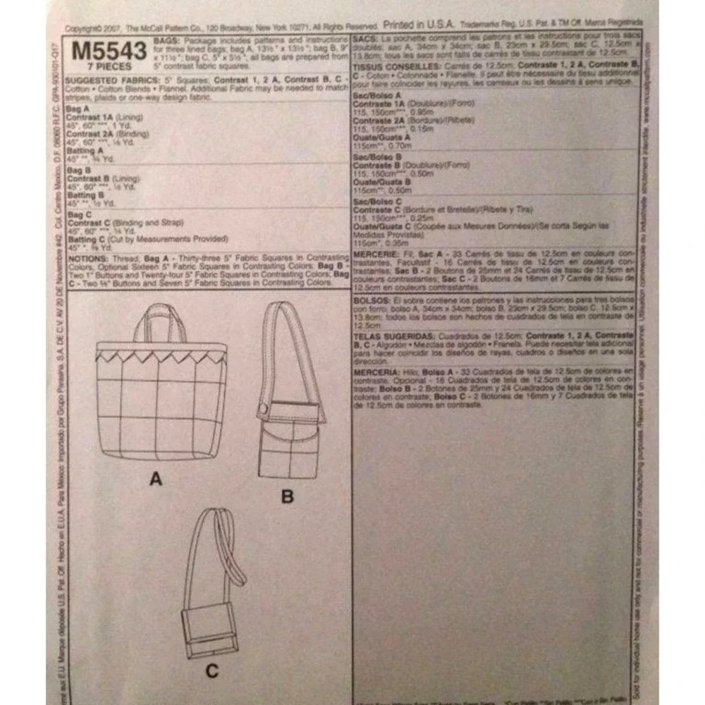 McCalls Sewing Pattern 5543 Bags Totes Purses OSZ Multi Patchwork Uncut